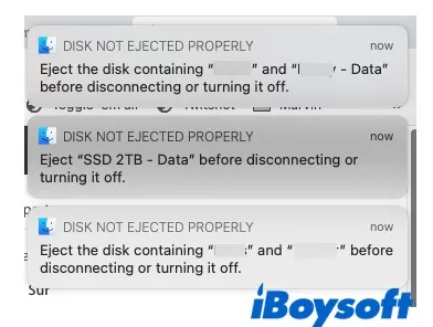 The Disk Not Eject Properly message when Mac external hard drive keeps disconnecting