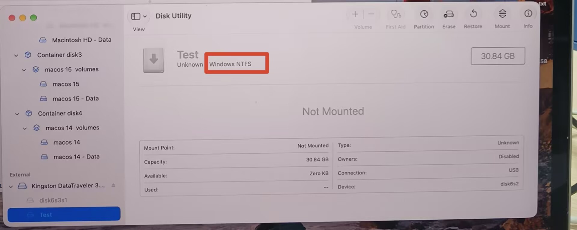 My external drive contains NTFS volume in Disk Utility