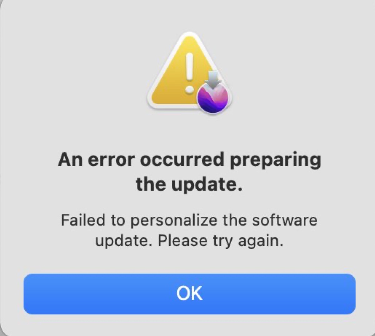 The error An error occurred preparing the update Failed to personalize the software update Please try again