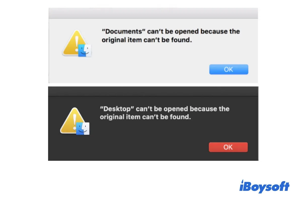 macOSでファイルやドキュメントが開けません。元のアイテムが見つからないためです