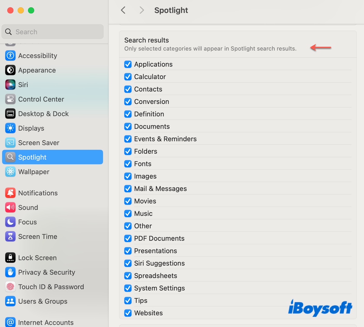 Vérifiez les catégories de fichiers autorisées dans les recherches sur Mac