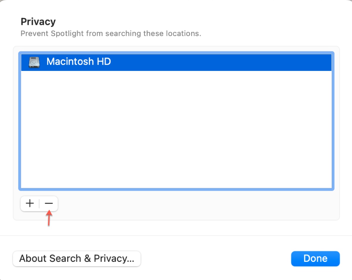 Supprimer Macintosh HD de la liste de confidentialité de Spotlight
