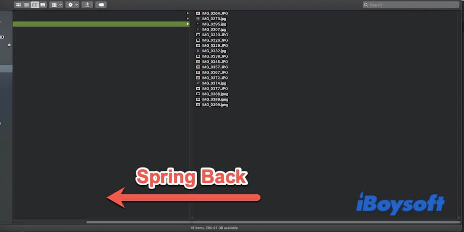 macOS Monterey Finder springs back horizontal scrolling