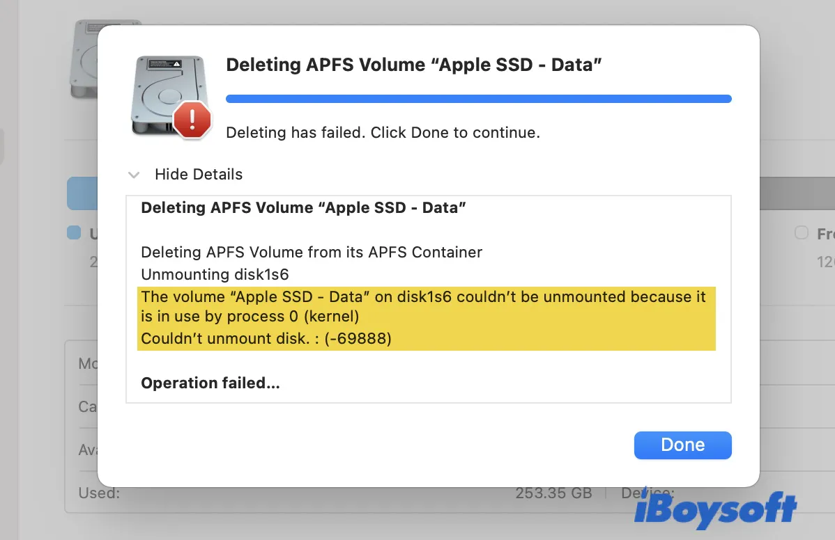 The couldnt unmount error when deleting an internal volume in Disk Utility