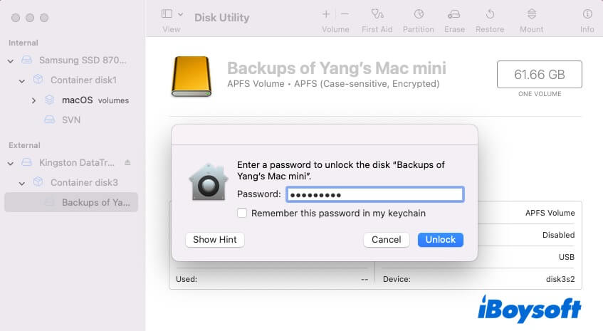 unlock the Time Machine backup disk to let it mount