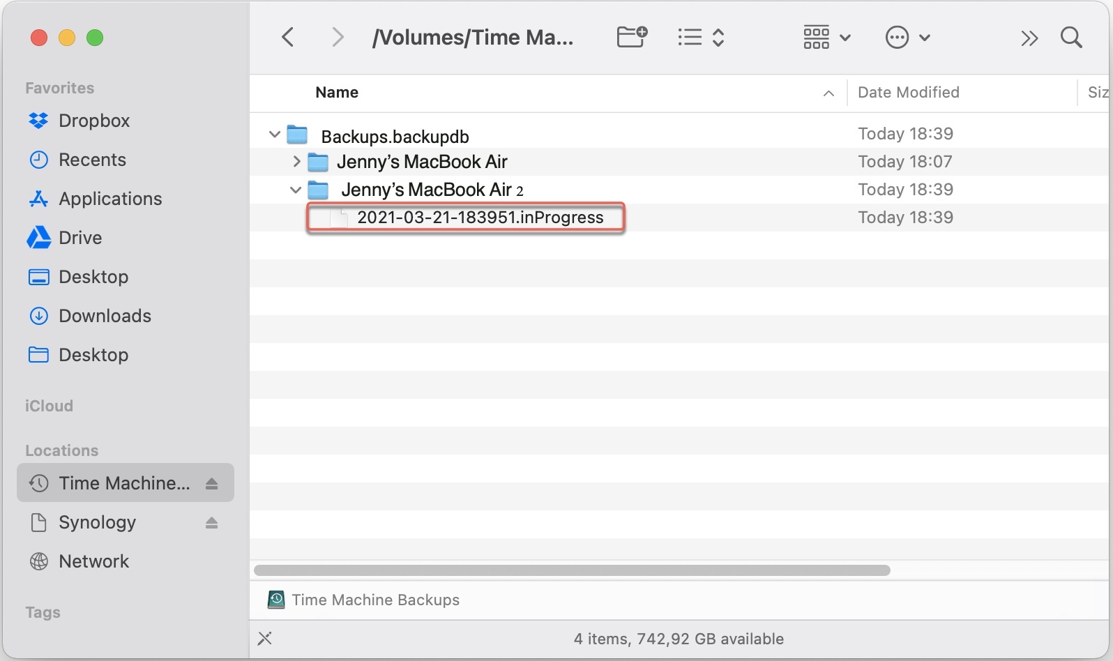 delete inProgress file created in the failed Time Machine backup