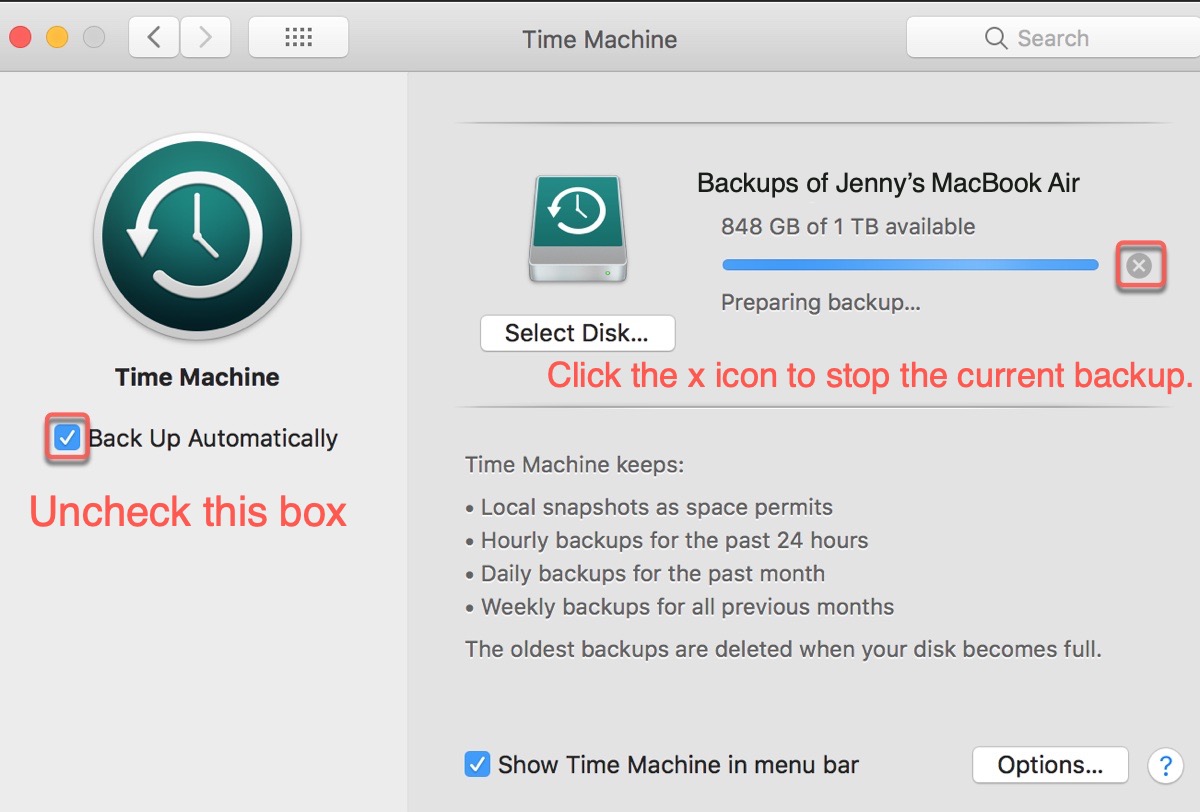 stop the preparing backup process of the stuck Time Machine
