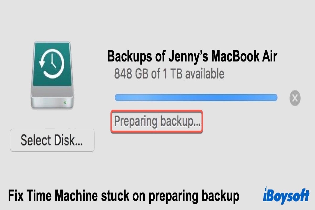 fix Time Machine stuck on preparing backup