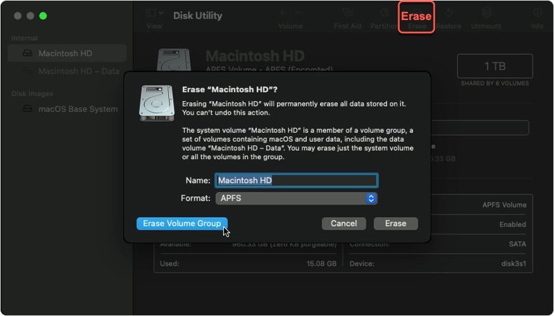 Erase Macintosh HD in Recovery mode
