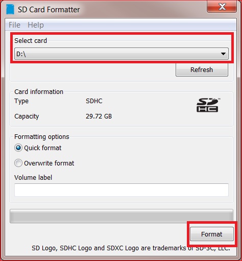 the interface of SD Card Formatter