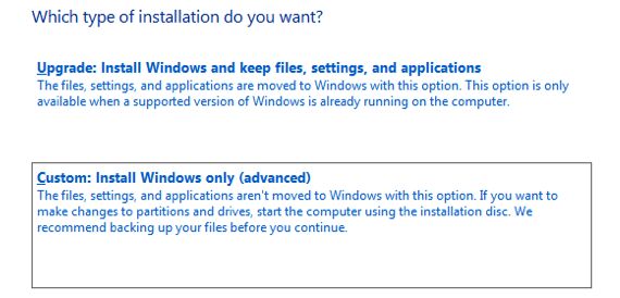 windows install upgrade or custom