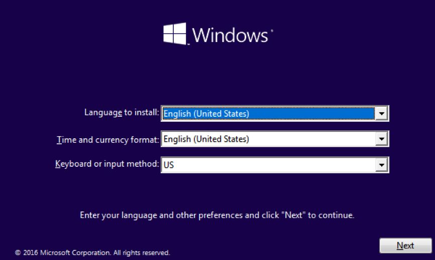 Windows 10 installation language and time setup