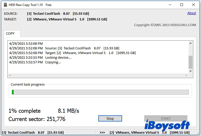 HDD Raw Copy Tool is in the process