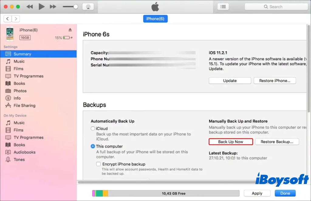 sauvegarde de l'iPhone avec iTunes