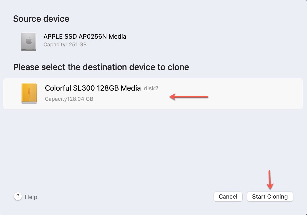 Seleccionar un disco externo para iniciar la clonación