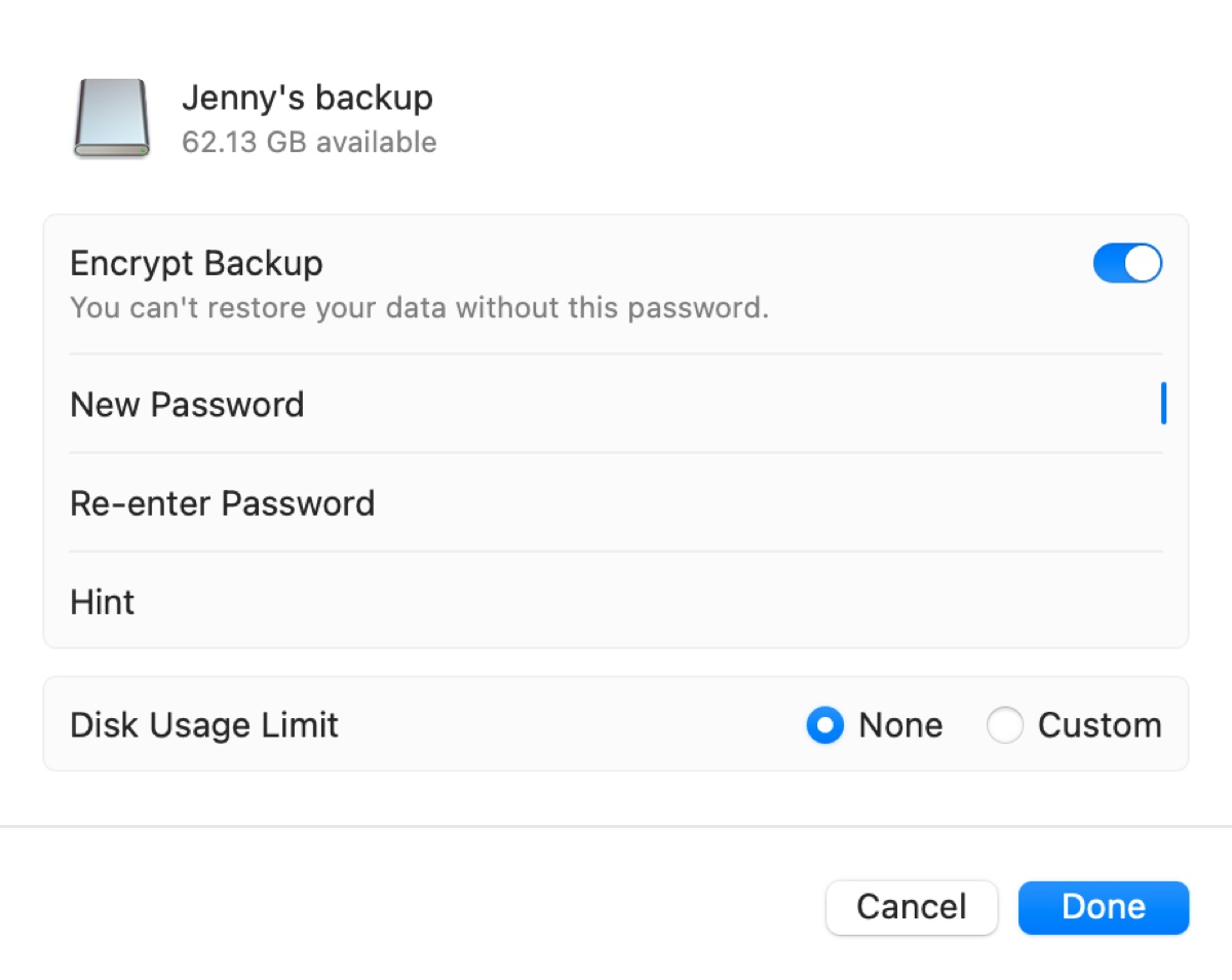 Choose if you want to encrypt your Time Machine backup disk