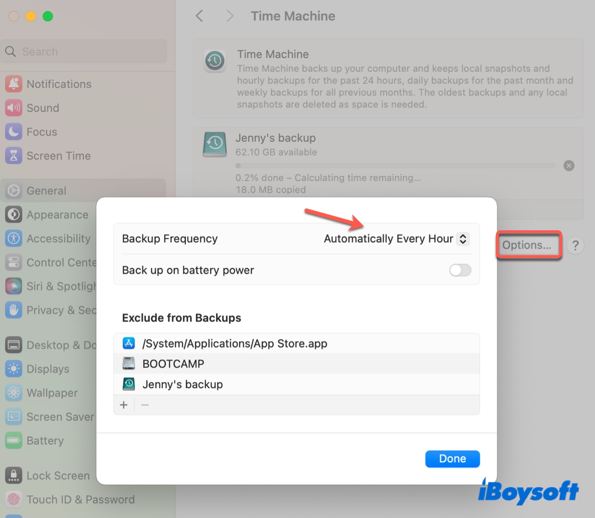 Escolha com que frequência o Time Machine fará o backup do seu Mac para o disco rígido externo