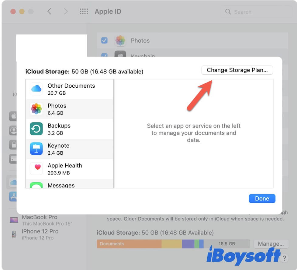 click Change Storage Plan in iCloud on Mac