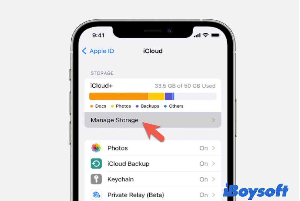 click Manage Storage in iCloud on iPhone