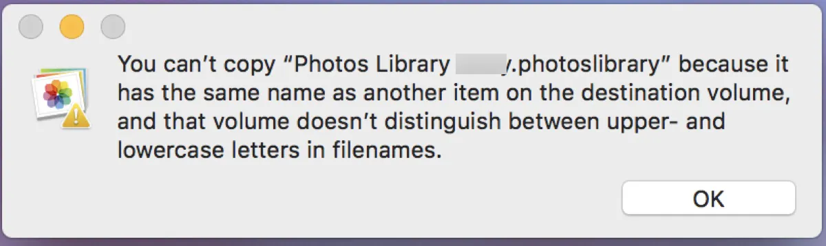 同一の名前を持つ他のアイテムが宛先ボリュームでエラーになるため、Photos Libraryをコピーできません