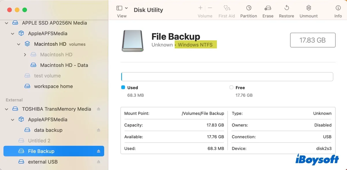 Check the file system of the external drive in Disk Utility