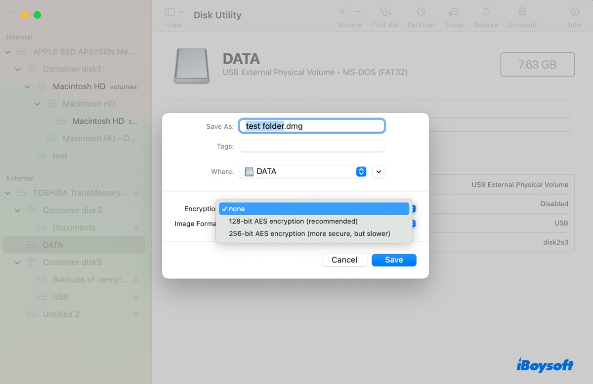 Choose the encryption method to protect the folder on external hard drive