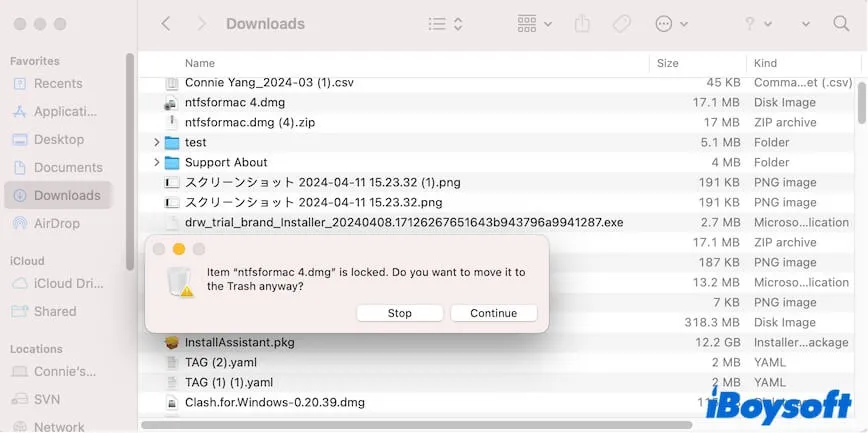 Klicken Sie auf Fortfahren, um die gesperrte Datei auf dem Mac zu erzwingen