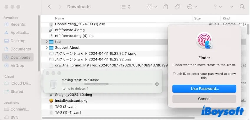 digite a senha para excluir arquivo somente leitura no Mac
