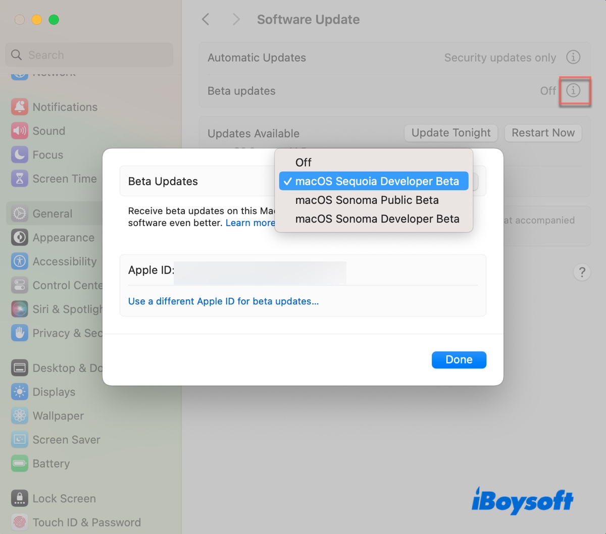 Choose macOS Sequoia developer beta in System Setttings