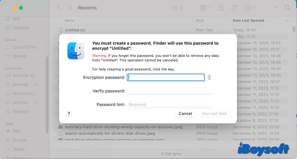 enter password to encrypt in finder