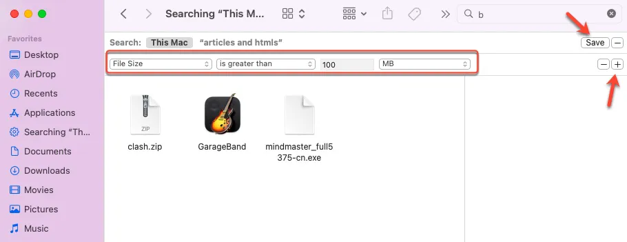 filter in Finder for searching large files