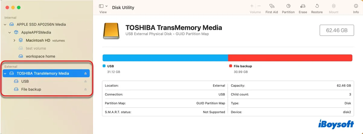 See connected USB devices on Mac in Disk Utility