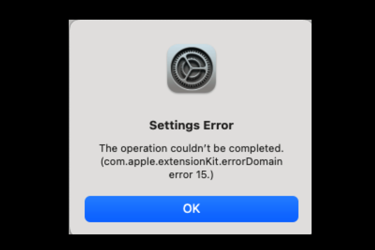 cómo solucionar el error de configuración com.apple.extensionKit.errordomain error 15 en Mac