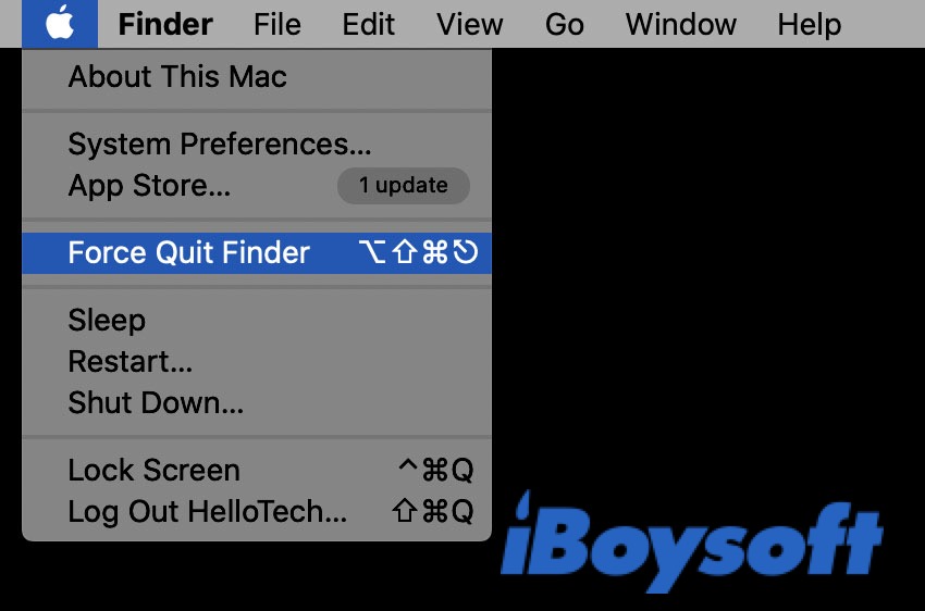force quit Finder using Apple menu