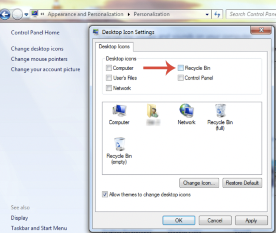 remove Recycle Bin from desktop Windows 7