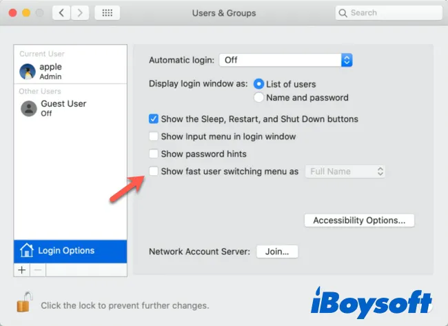 turn off macOS fast user switching menu