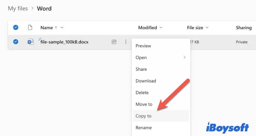 Klicken Sie auf Kopieren nach, um eine Kopie der Word-Datei in OneDrive zu erstellen