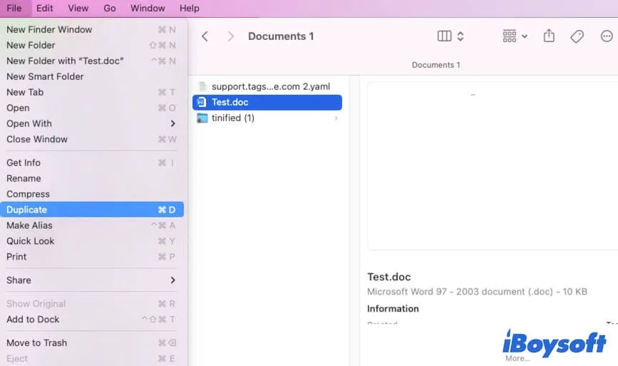 dupliquer un document Word sur Mac avec le menu du Finder