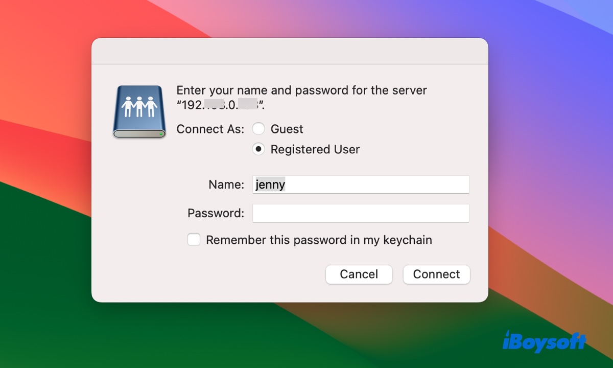 Enter user credentials to map a network drive in Finder