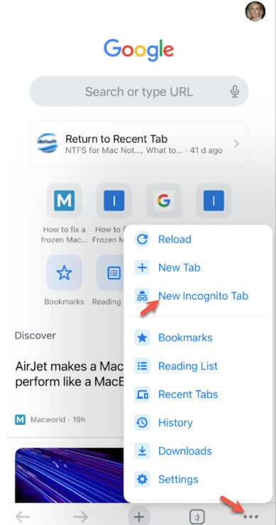 open Chrome private browsing window on iPhone