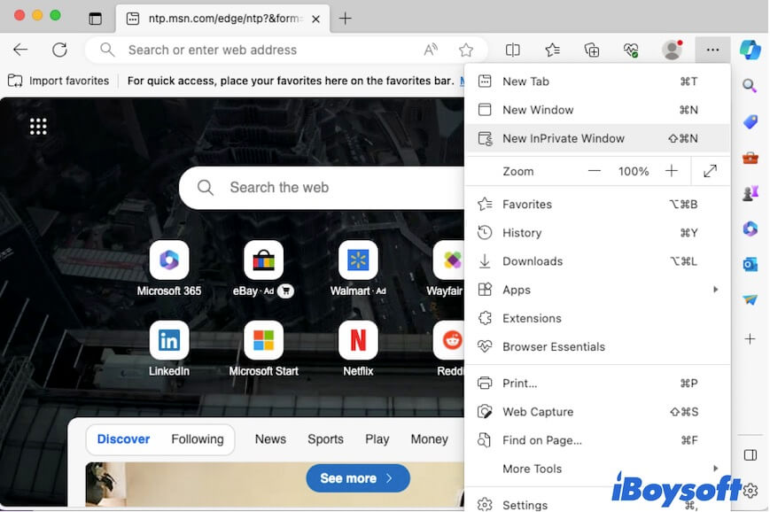Open private browser on Mac Microsoft Edge