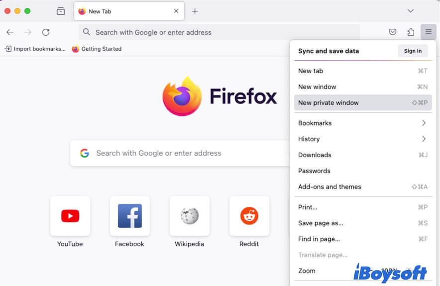 Open private browser in Firefox on Mac