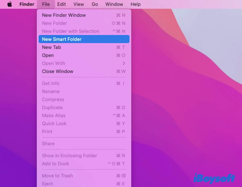 choose New Smart Folder in File menu in Finder 