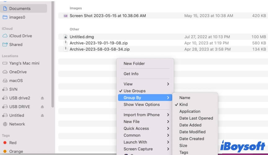 change the way the files group by on Mac