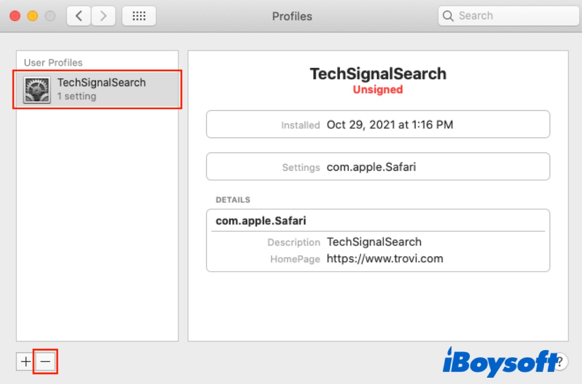 How to get rid of MainSearchSignal in Profiles preference pane