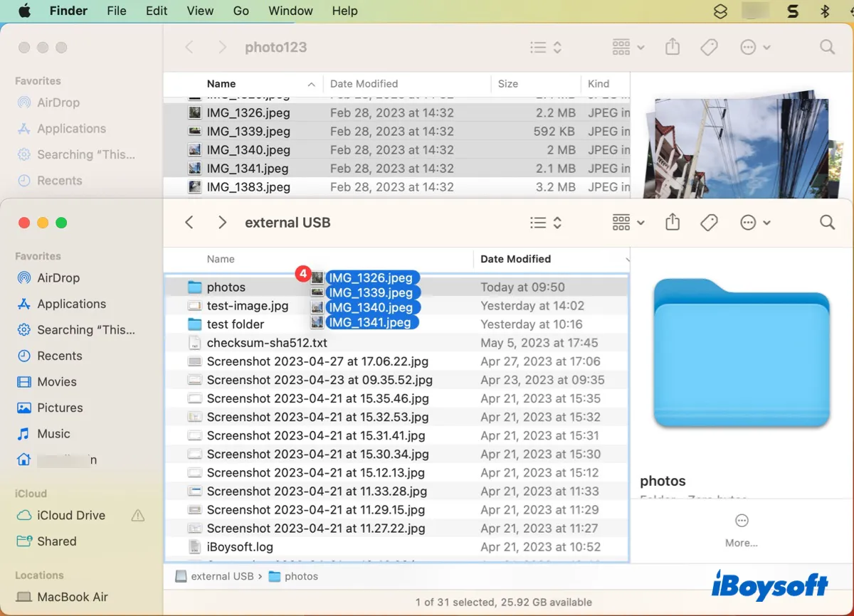 Ziehen und Ablegen zum Kopieren von Dateien vom Mac auf ein externes Laufwerk