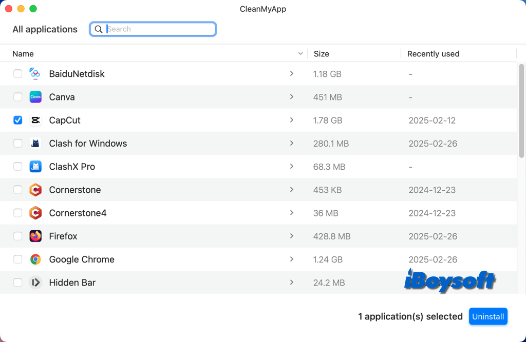 sélectionnez capcut à désinstaller