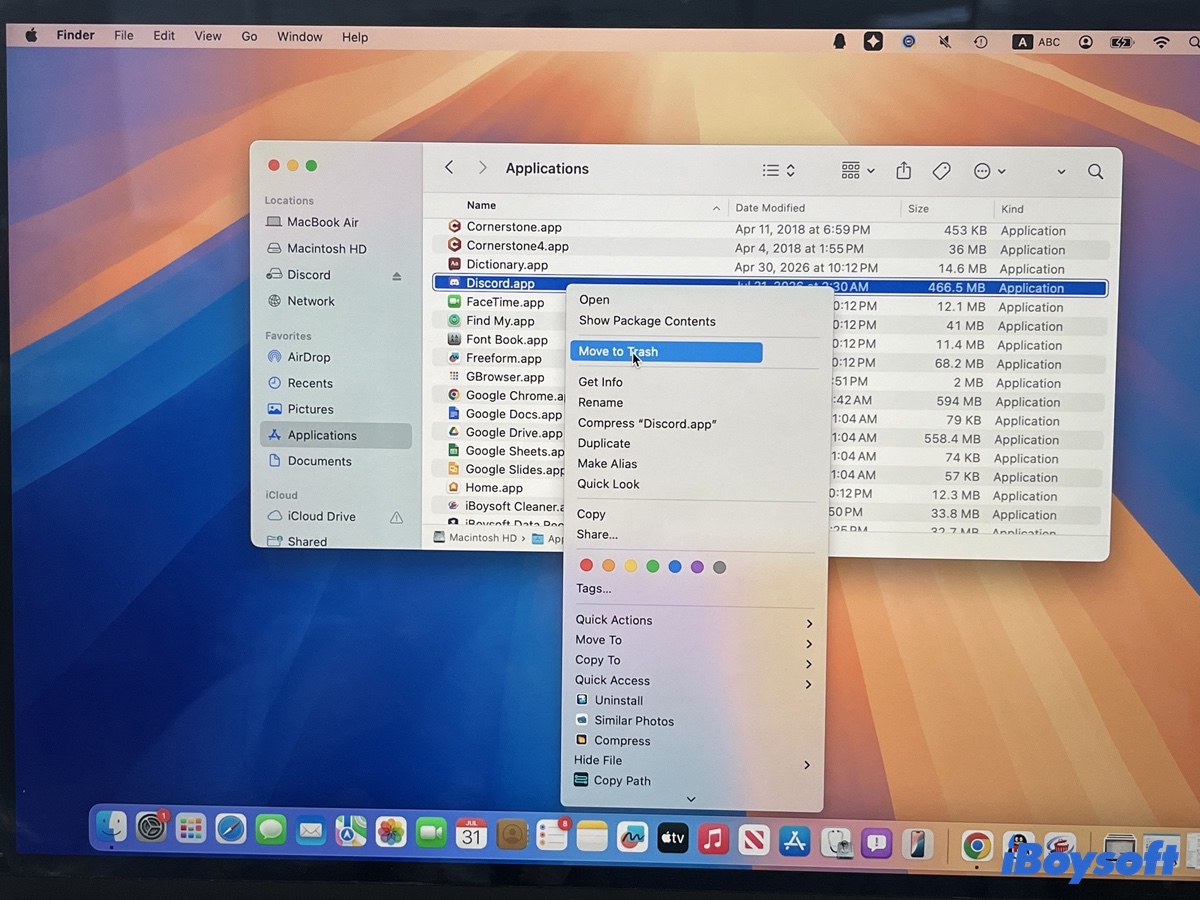 Delete the Discord app in Finder