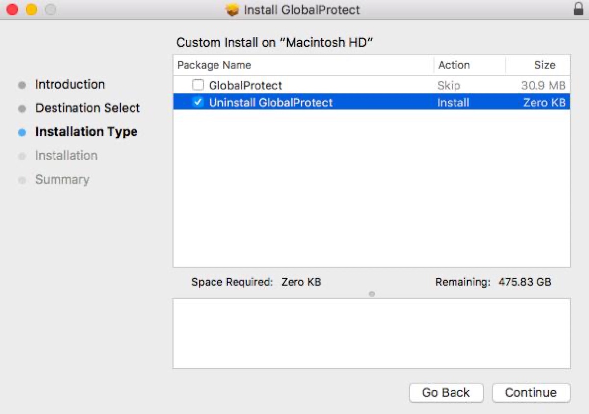 Auswahl von „Uninstall GlobalProtect“ im Installationsprogramm