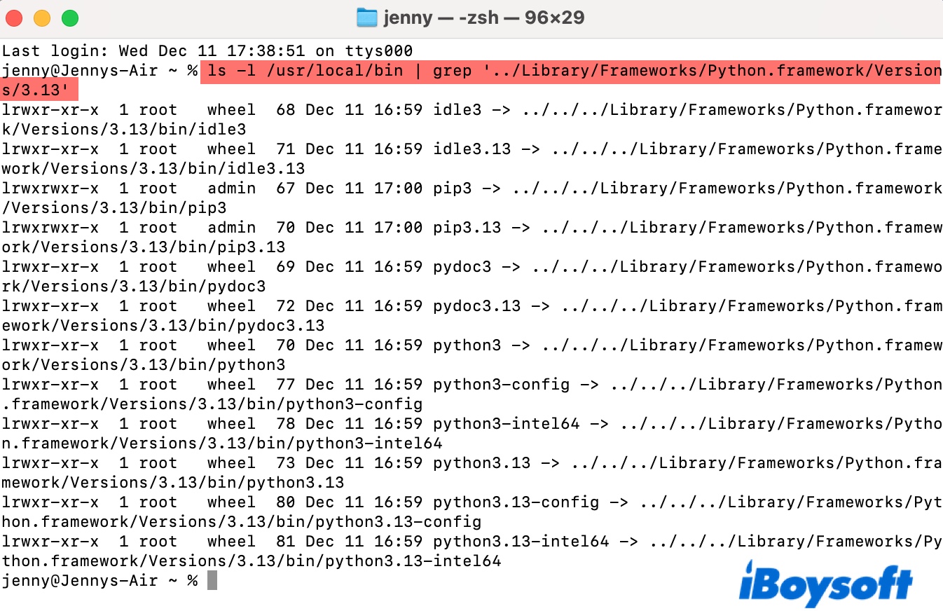 How to list symbolic links of Python in Terminal